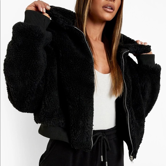 Boohoo Crop Faux Teddy Fur Bomer Jacket Size 10 - Picture 2 of 10